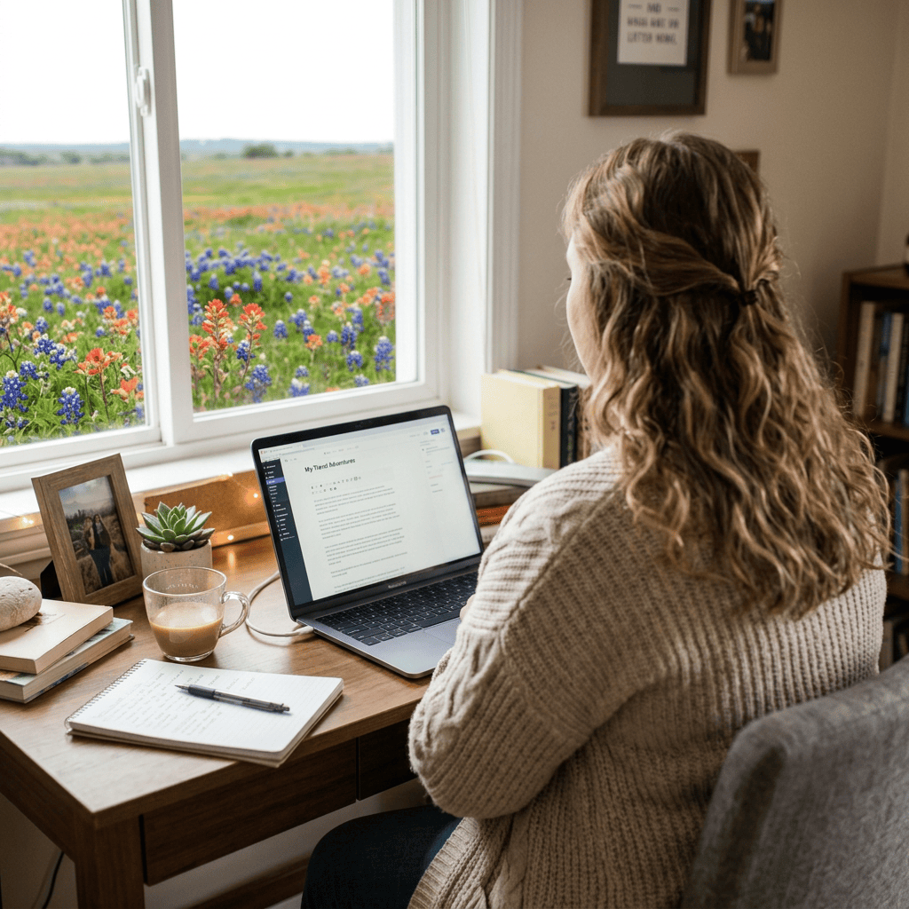 Woman writing a travel blog at a home office desk