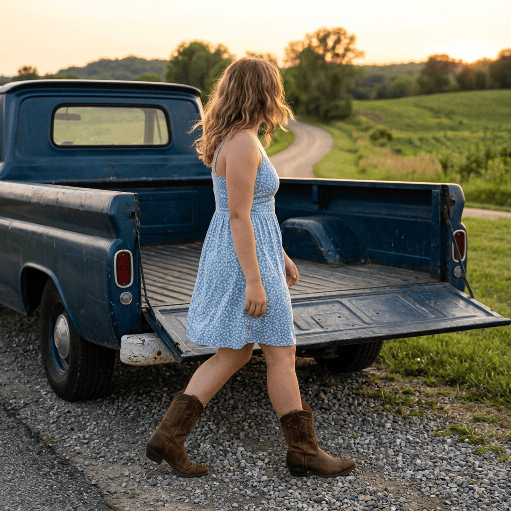 Woman in blue dress sitting in vintage pickup truck with guitar