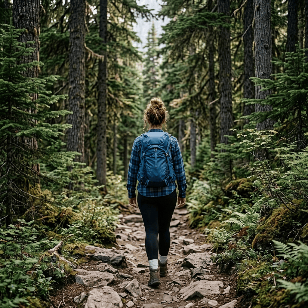 Hiker with backpack and trekking pole walking along a rocky mountain trail